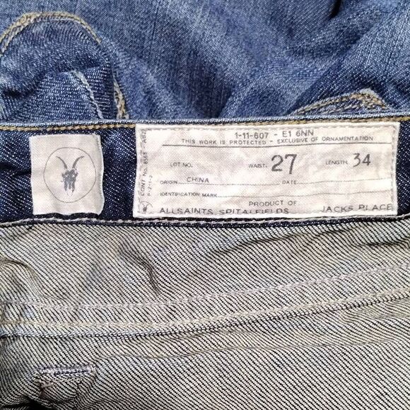 Allsaints Spitalfields Carson Pipe Skinny Low Rise Blue Cotton Jeans Sz 27 L34 - Picture 5 of 8